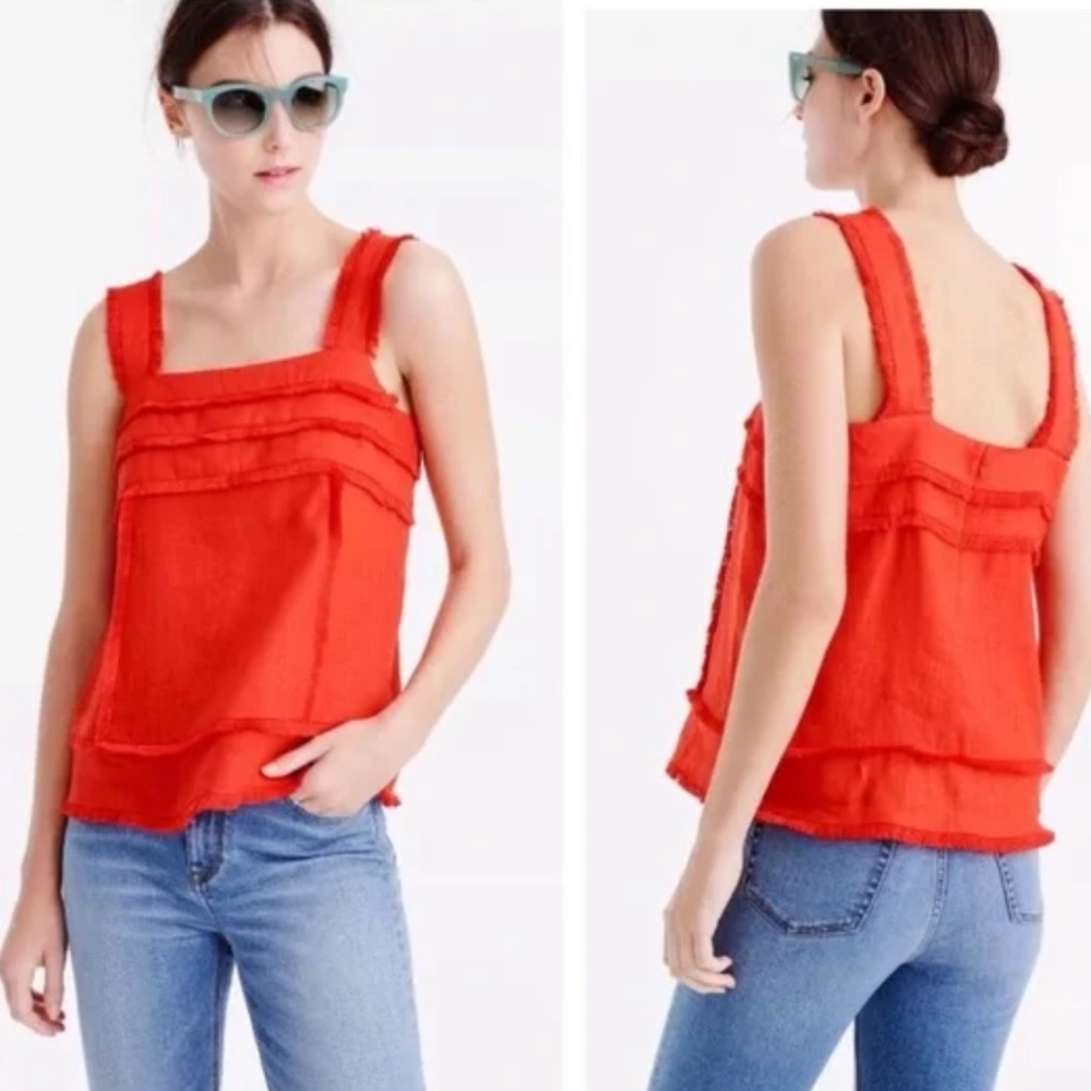 J Crew Linen Tank Top With Fringe Trim Size 4